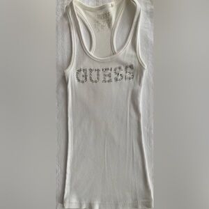 Guess White Ribbed Tank with Rhinestone Logo -Small